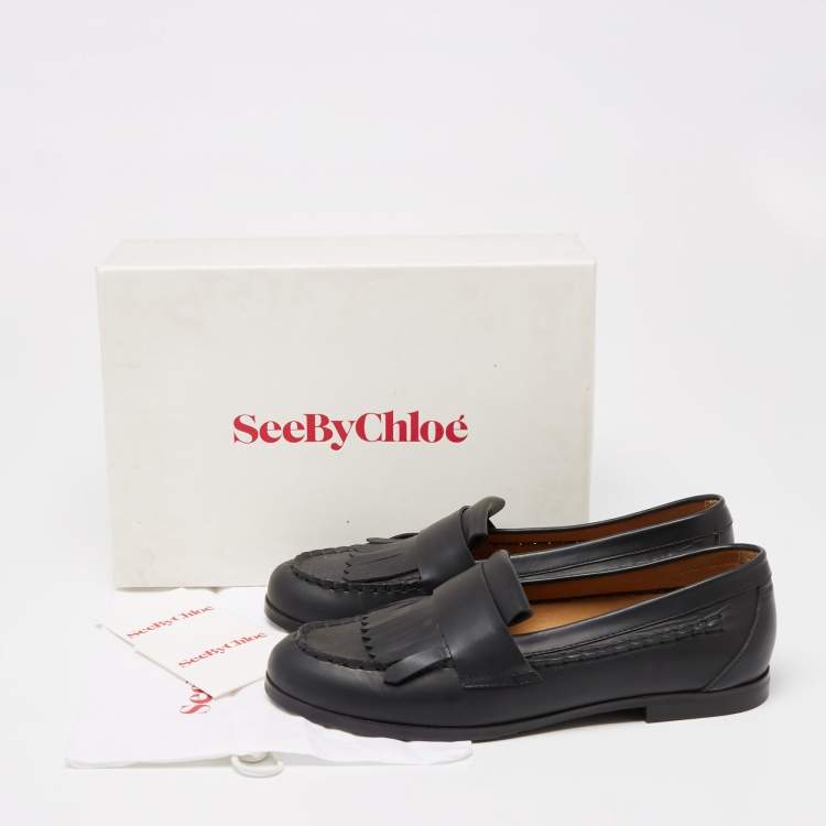 Pre Owned See by Chloe Black Leather Fringe Slip On Loafers  Size 40
