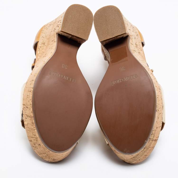 Pre Owned See by Chloe Metallic Gold/Brown Leather Cork Wedge Ankle Strap Sandals Size 36