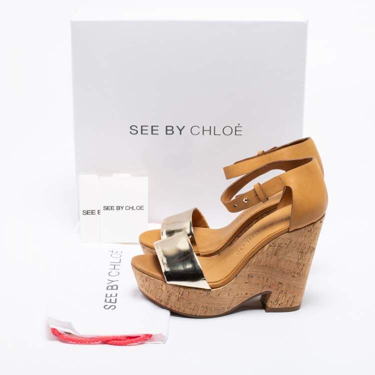 Pre Owned See by Chloe Metallic Gold/Brown Leather Cork Wedge Ankle Strap Sandals Size 36