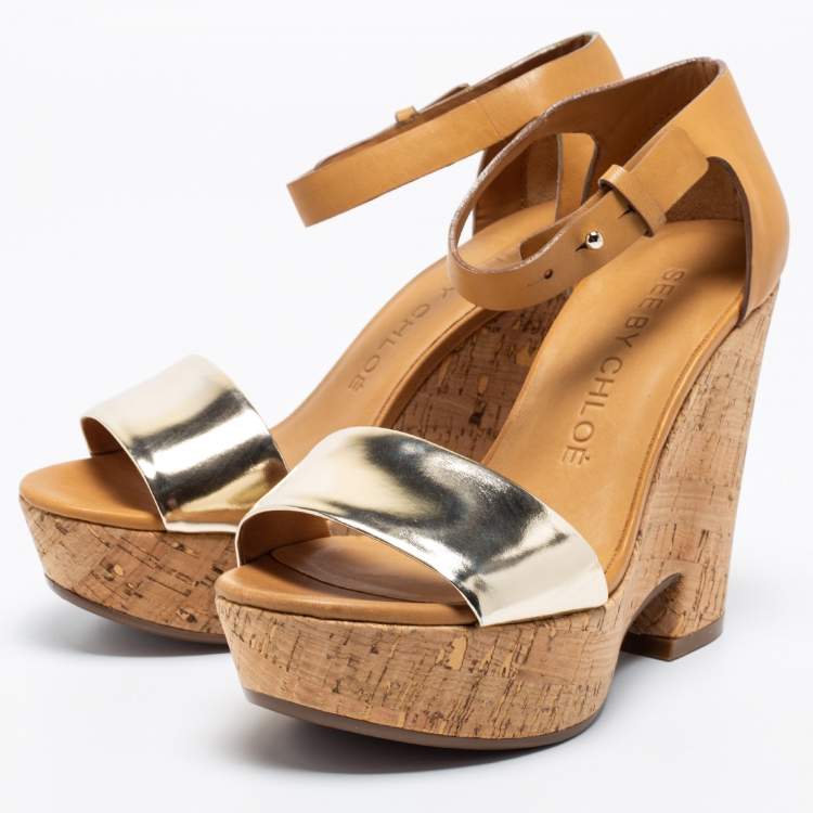 Pre Owned See by Chloe Metallic Gold/Brown Leather Cork Wedge Ankle Strap Sandals Size 36