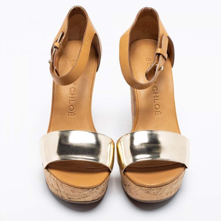 Pre Owned See by Chloe Metallic Gold/Brown Leather Cork Wedge Ankle Strap Sandals Size 36
