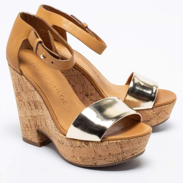 Pre Owned See by Chloe Metallic Gold/Brown Leather Cork Wedge Ankle Strap Sandals Size 36