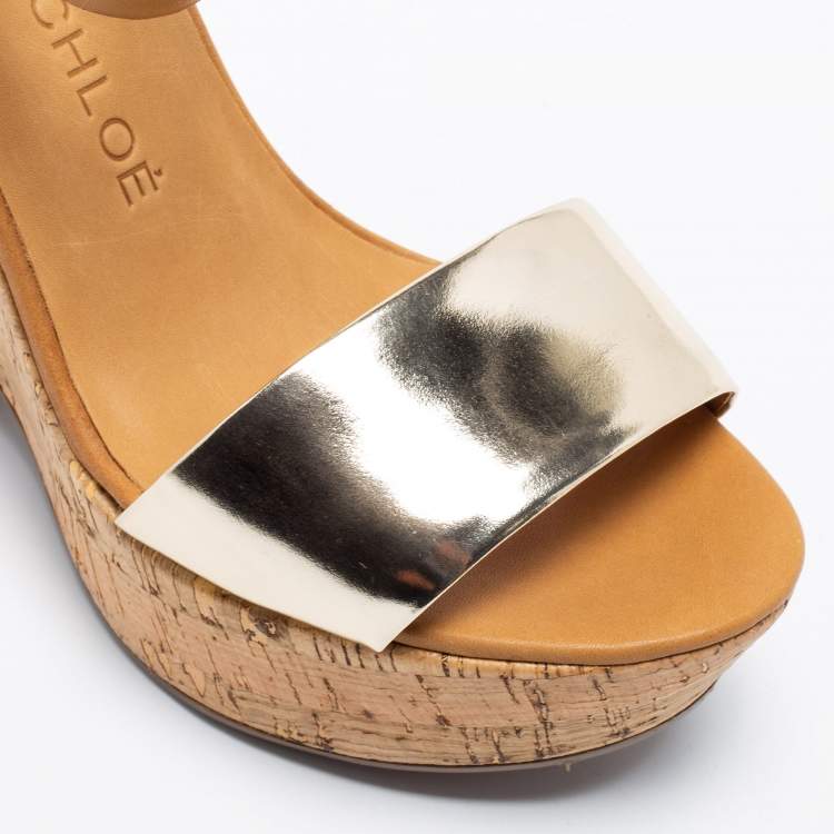 Pre Owned See by Chloe Metallic Gold/Brown Leather Cork Wedge Ankle Strap Sandals Size 36