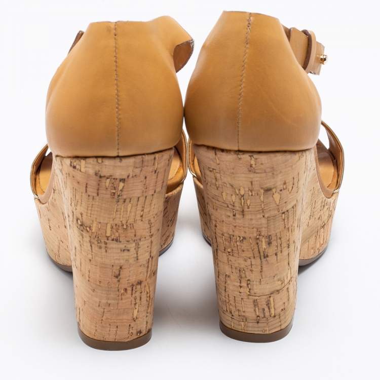Pre Owned See by Chloe Metallic Gold/Brown Leather Cork Wedge Ankle Strap Sandals Size 36