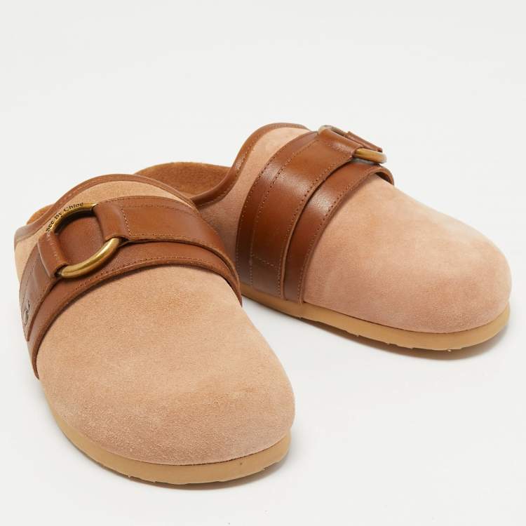 Pre Owned See by Chloe Beige/Brown Suede and Leather Gema Flat Mules Size 37