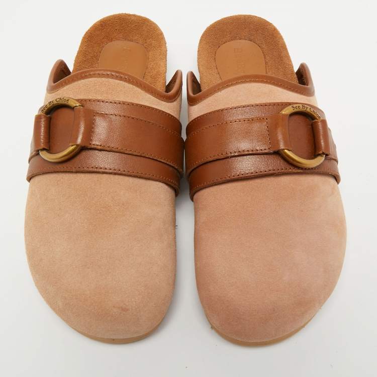 Pre Owned See by Chloe Beige/Brown Suede and Leather Gema Flat Mules Size 37