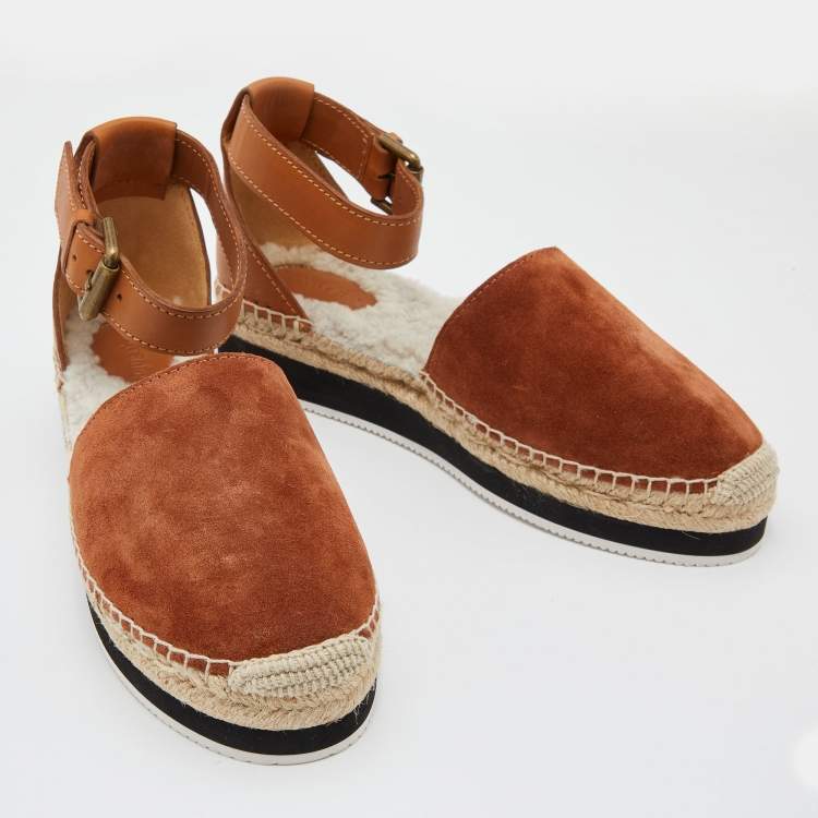 Pre Owned See by Chloe Brown Suede Glyn Espadrille Ankle Strap Sandals Size 39