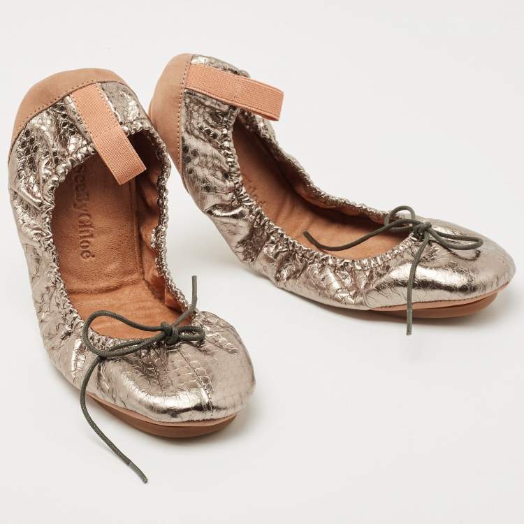 Pre Owned See by Chloé Metallic Python Embossed Leather Ballet  Flats Size 38