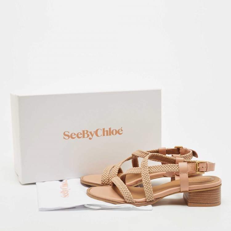 Pre Owned See by Chloe Brown Leather Cross Ankle Strap Block Heel Sandals Size 40