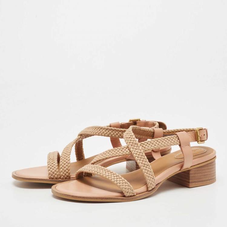 Pre Owned See by Chloe Brown Leather Cross Ankle Strap Block Heel Sandals Size 40