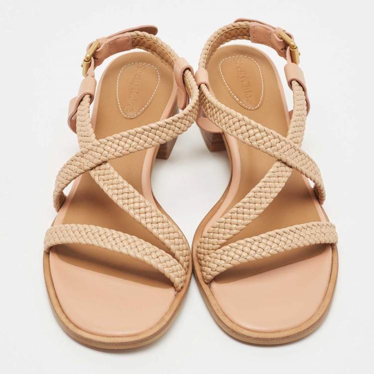 Pre Owned See by Chloe Brown Leather Cross Ankle Strap Block Heel Sandals Size 40