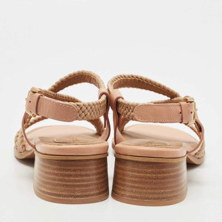 Pre Owned See by Chloe Brown Leather Cross Ankle Strap Block Heel Sandals Size 40