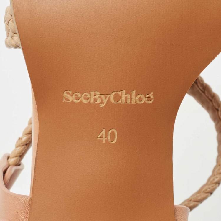 Pre Owned See by Chloe Brown Leather Cross Ankle Strap Block Heel Sandals Size 40
