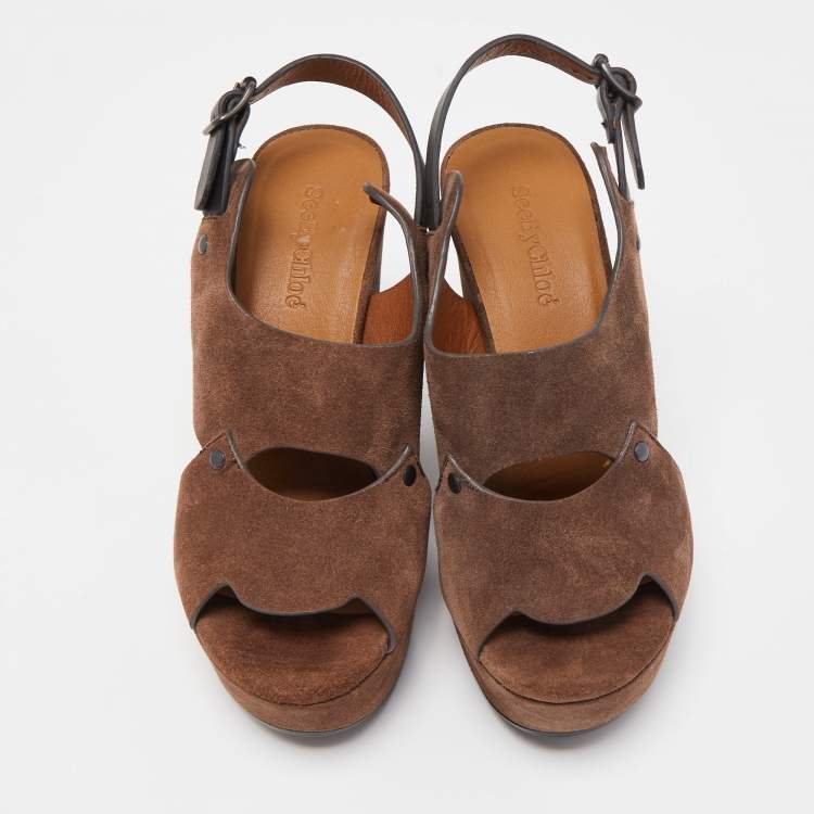 Pre Owned See by Chloé Brown Suede Wedge Sandals Size 37