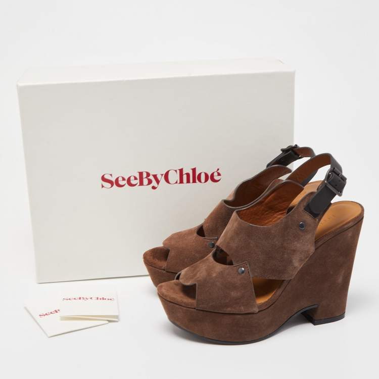 Pre Owned See by Chloé Brown Suede Wedge Sandals Size 37