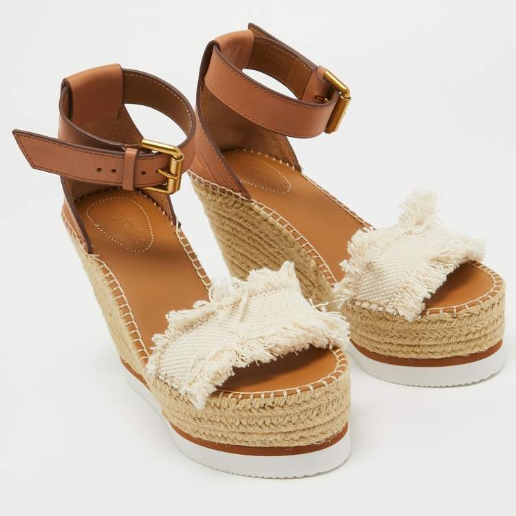 Pre Owned See By Chloe White/Brown Canvas and Leather Espadrille Wedge Sandals Size 36