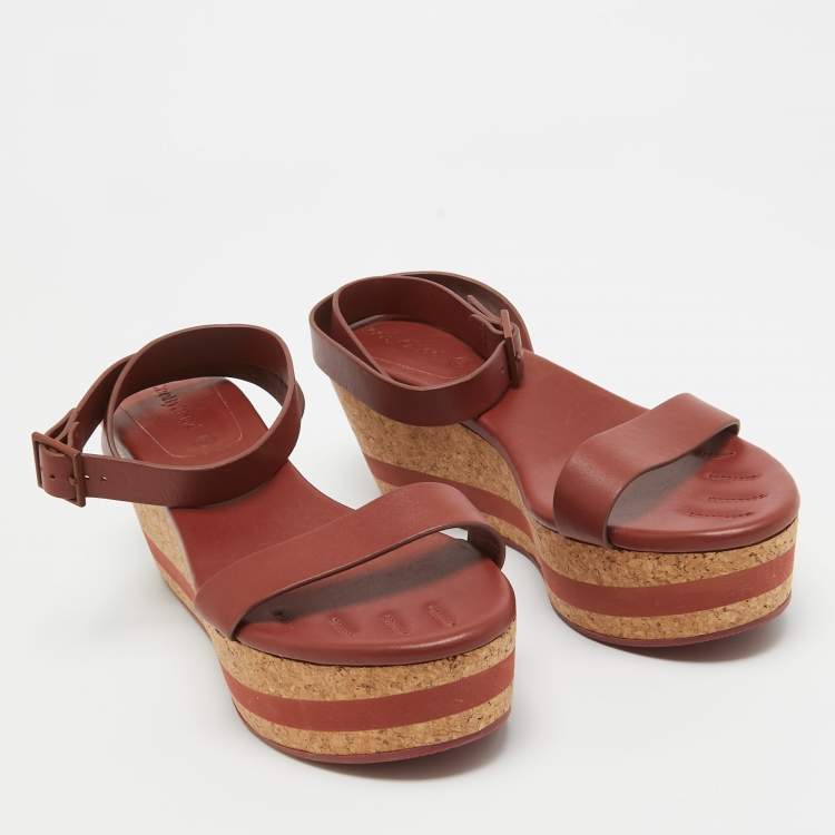 Pre Owned See by Chloe Brown Leather Cork Wedge Platform Ankle Strap Sandals Size 39.5