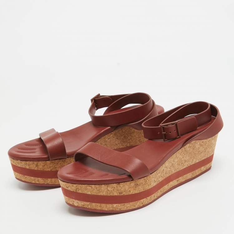 Pre Owned See by Chloe Brown Leather Cork Wedge Platform Ankle Strap Sandals Size 39.5