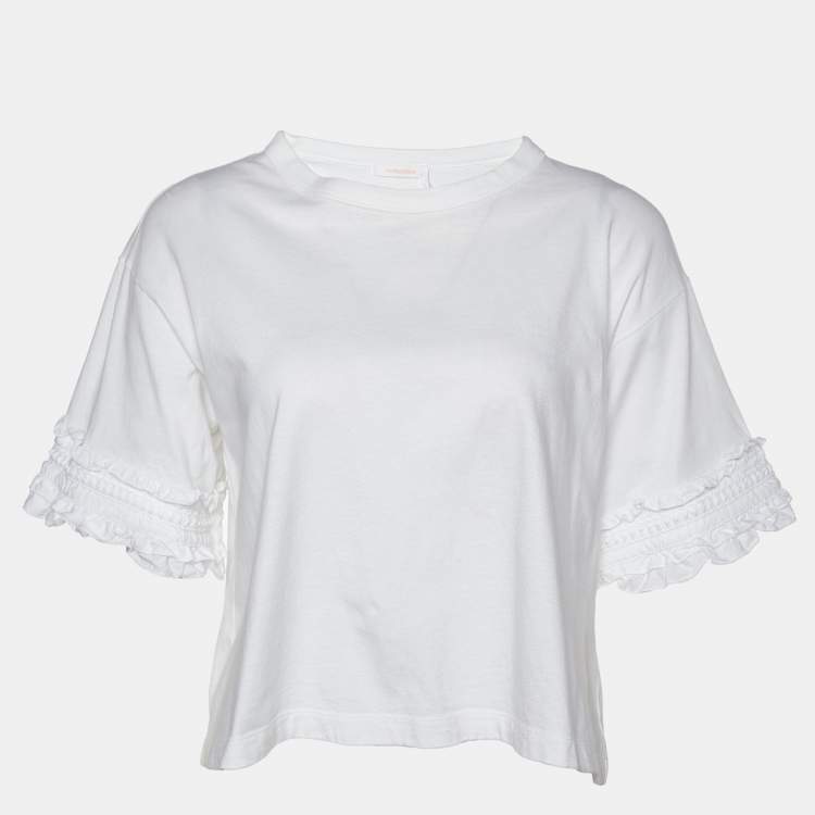 Pre Owned See by Chloe White Cotton Ruffled Sleeve Detail T-Shirt M
