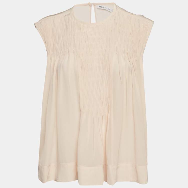 Pre Owned See by Chloé Pink Silk Smocked Detail Sleeveless Top L