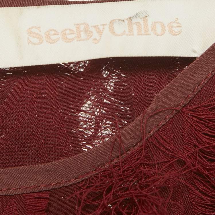 Pre Owned See by Chloe Dawn Red Fringed Crepe Flared Blouse S