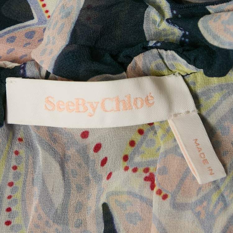 Pre Owned See by Chloe Blue Floral Print Silk Ruffled Shift Dress XL