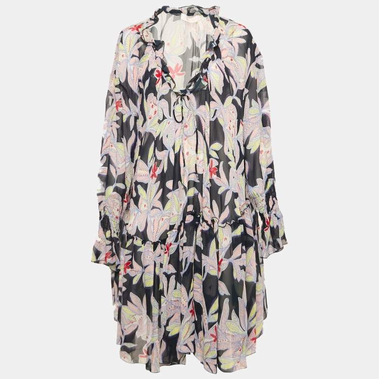 Pre Owned See by Chloe Blue Floral Print Silk Ruffled Shift Dress XL