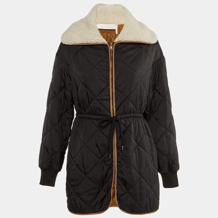 Pre Owned See by Chloe Black Quilted faux Shearling Collar Long Jacket S