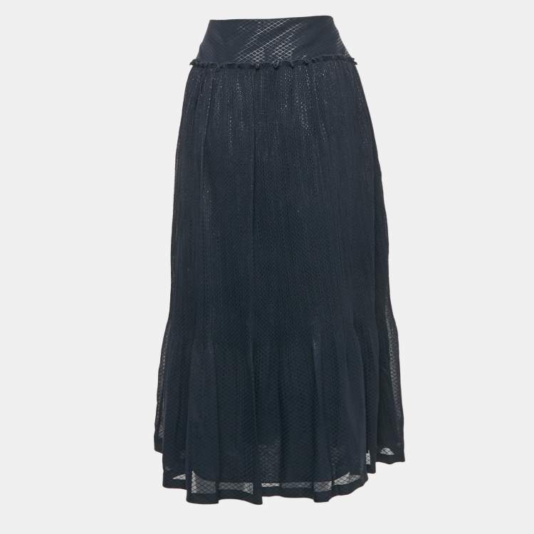 Pre Owned See by Chloé Navy Blue Checks Chiffon Plisse Midi Skirt M