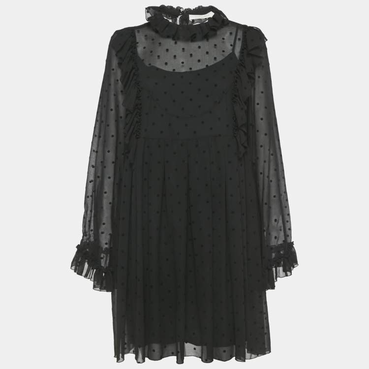 Pre Owned See by Chloe Black Flocked Chiffon Ruffled Mini Dress M