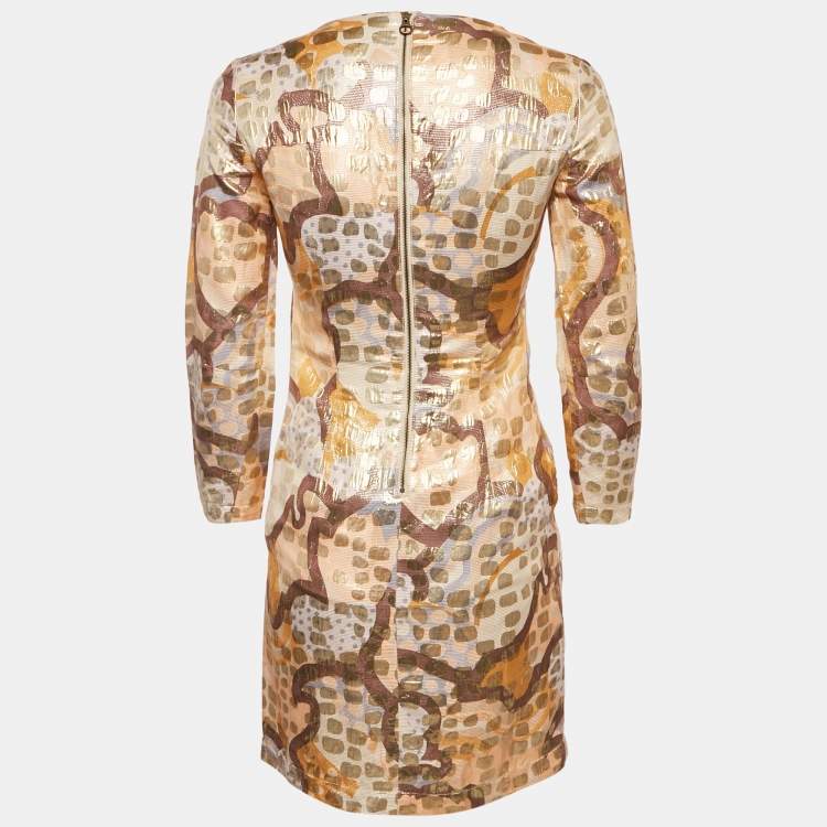 Pre Owned See by Chloe Jacquard Gold Full Sleeve Mini Dress S 