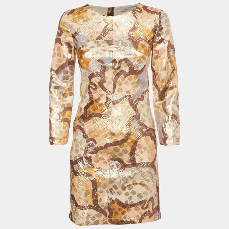 Pre Owned See by Chloe Jacquard Gold Full Sleeve Mini Dress S 