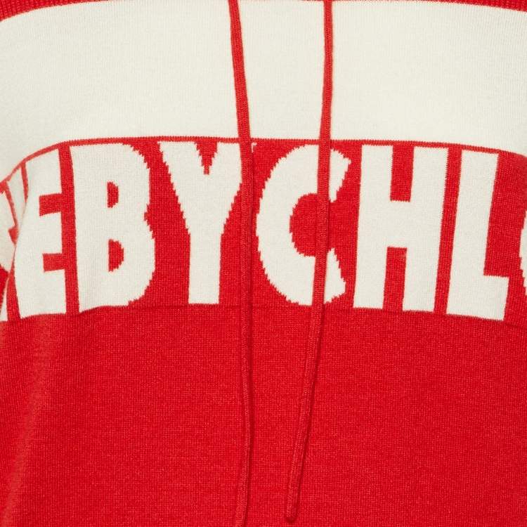 Pre Owned See by Chloé Red Logo Intarsia Knit Hooded Sweater S