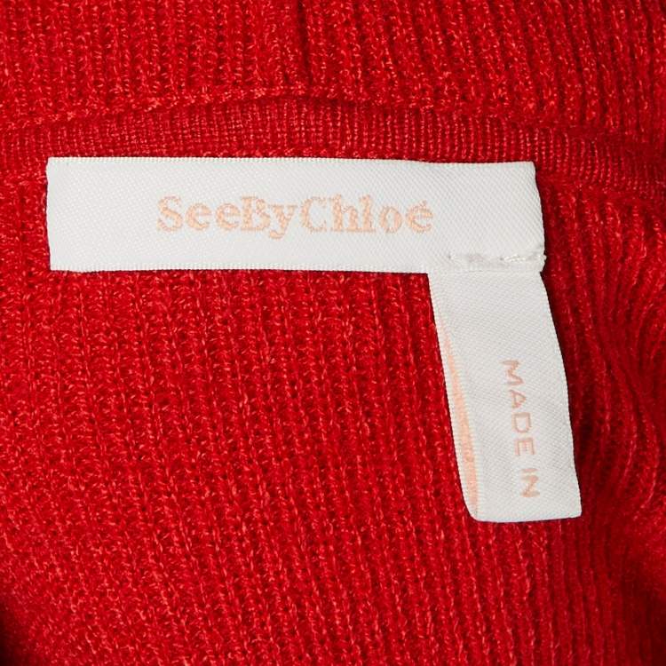 Pre Owned See by Chloé Red Logo Intarsia Knit Hooded Sweater S