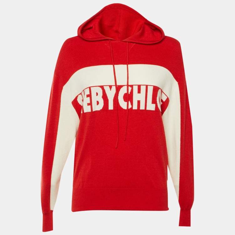 Pre Owned See by Chloé Red Logo Intarsia Knit Hooded Sweater S