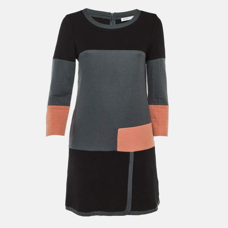 Pre Owned See by Chloé Grey Color Block Wool Blend Sheath Dress M