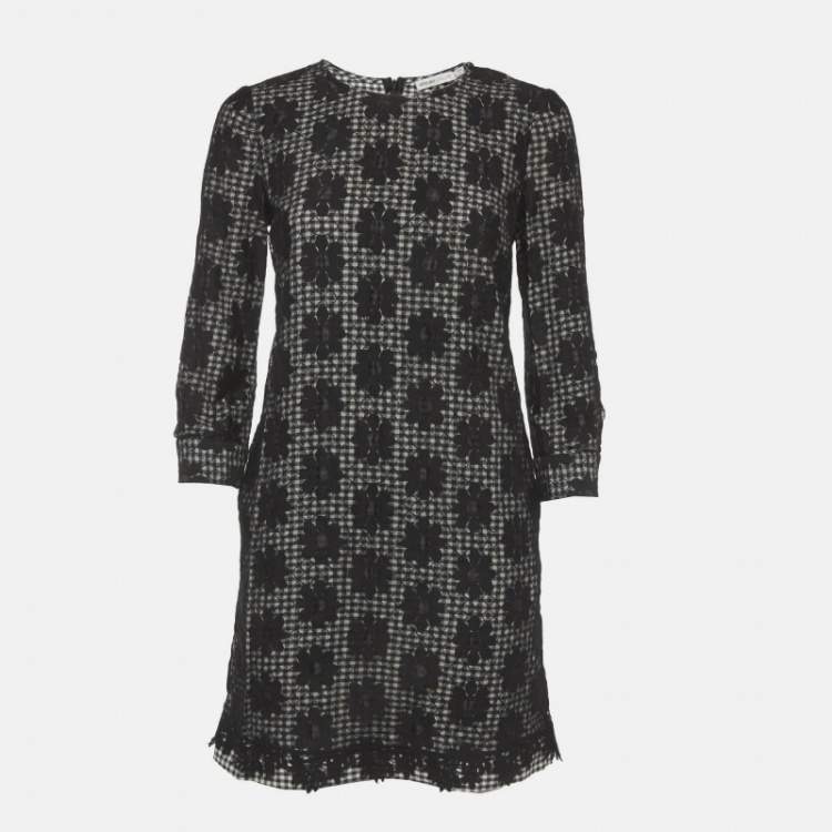 Pre Owned See By Chloe Monochrome Checkered Floral Mesh Overlay Shift Dress S