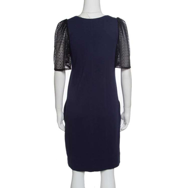 Pre Owned See by Chloe Navy Blue Jersey Contrast Lace Sleeve Dress S