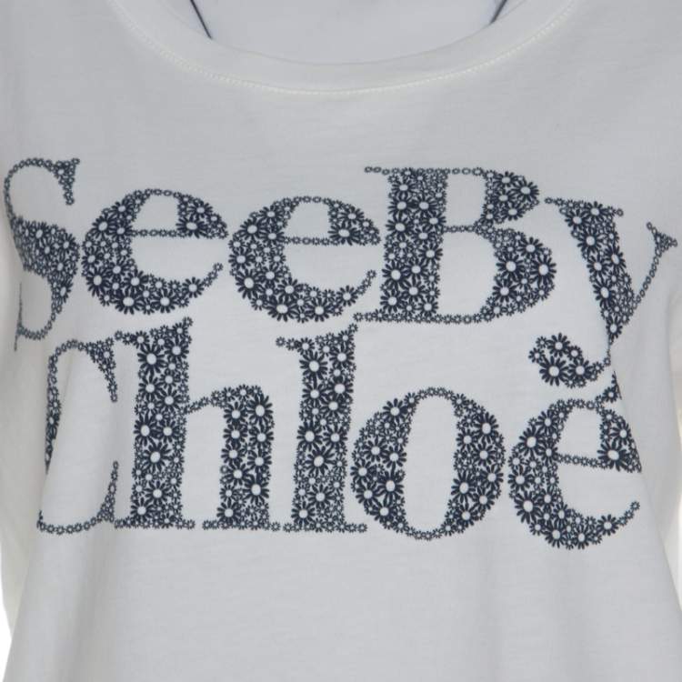 Pre Owned See by Chloe Off White Floral Logo Print Cotton Cloud Dancer T-Shirt XL
