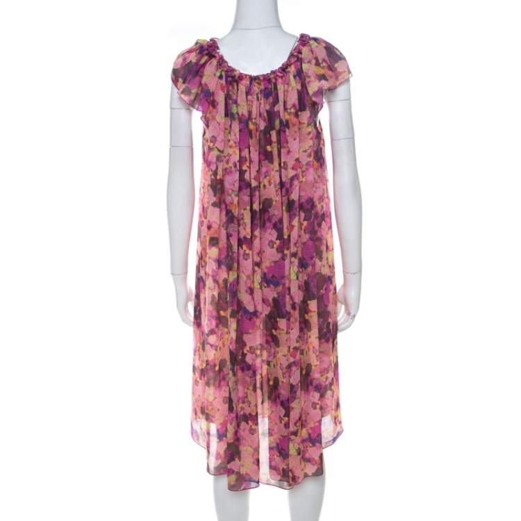 Pre Owned See by Chloe Pink Floral Print Crepe Ruffled Neck Shift Dress M