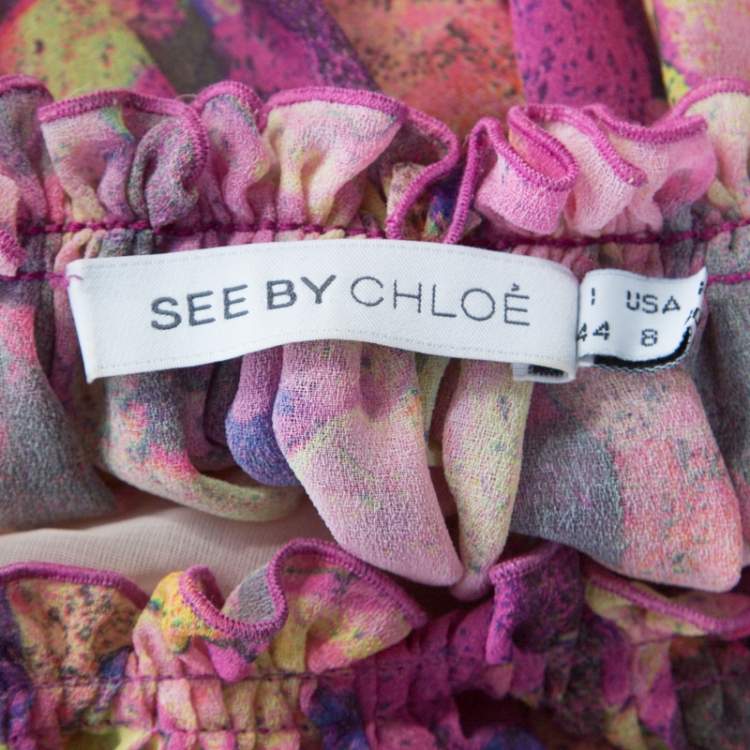Pre Owned See by Chloe Pink Floral Print Crepe Ruffled Neck Shift Dress M
