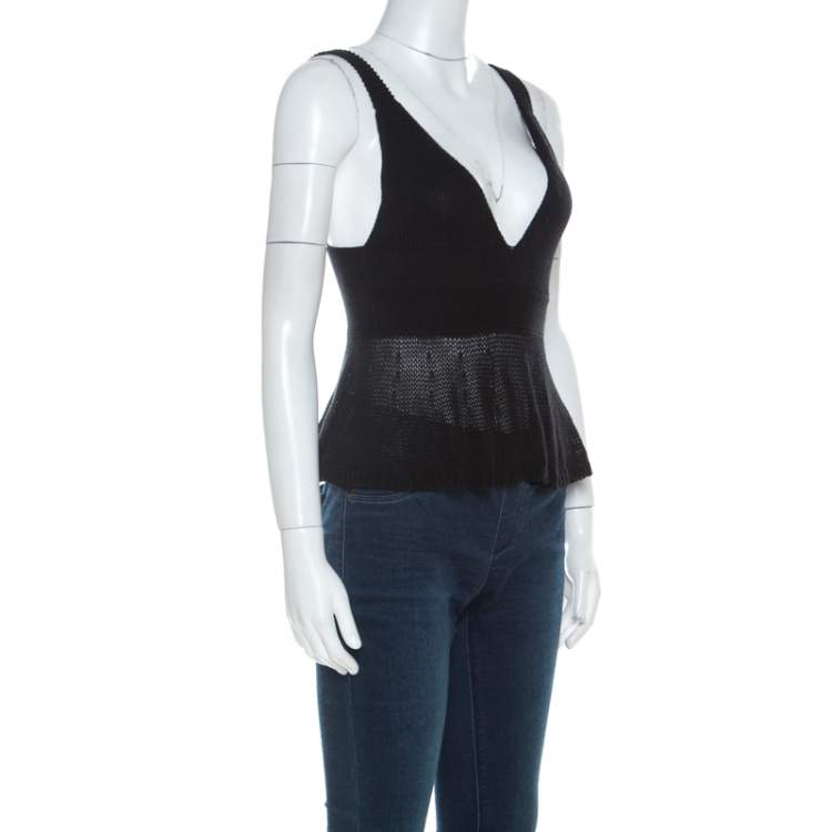 Pre Owned See by Chloe Black Crochet Knit Cotton Plunge Neck Crop Top S