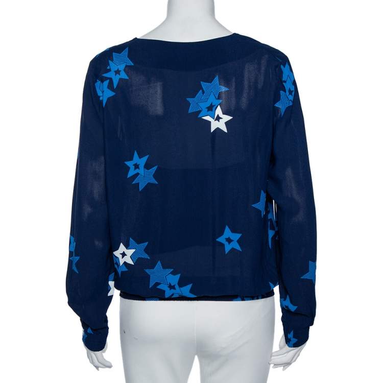 Pre Owned See by Chloe Navy Blue Star-Print Crepe Smocked Waist Blouse M