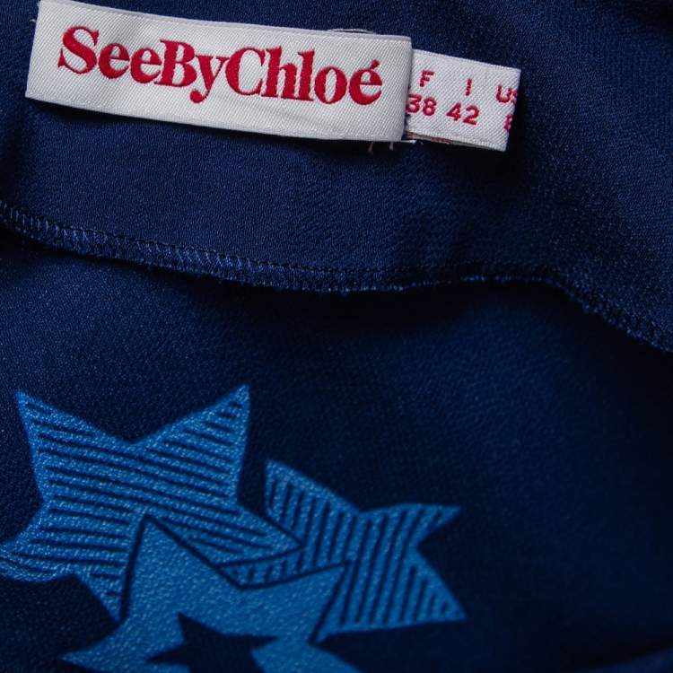 Pre Owned See by Chloe Navy Blue Star-Print Crepe Smocked Waist Blouse M