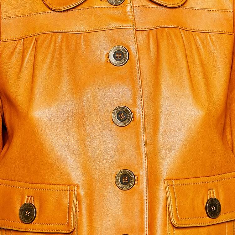 Pre Owned See By Chloe Brown Short Sleeve Cropped Leather Jacket M