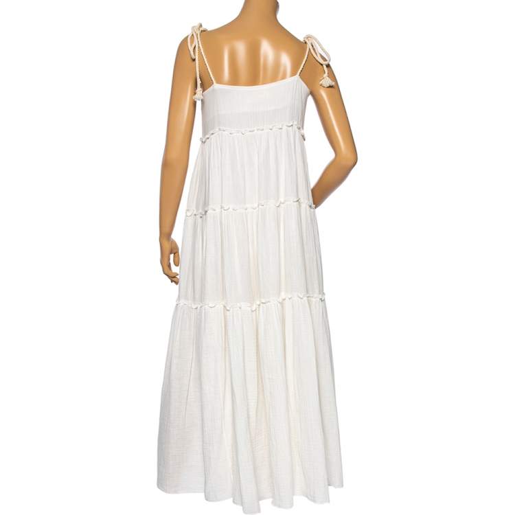 Pre Owned See by Chloe White Cotton Floral Embroidered Yoke Detailed Tiered Maxi Dress M