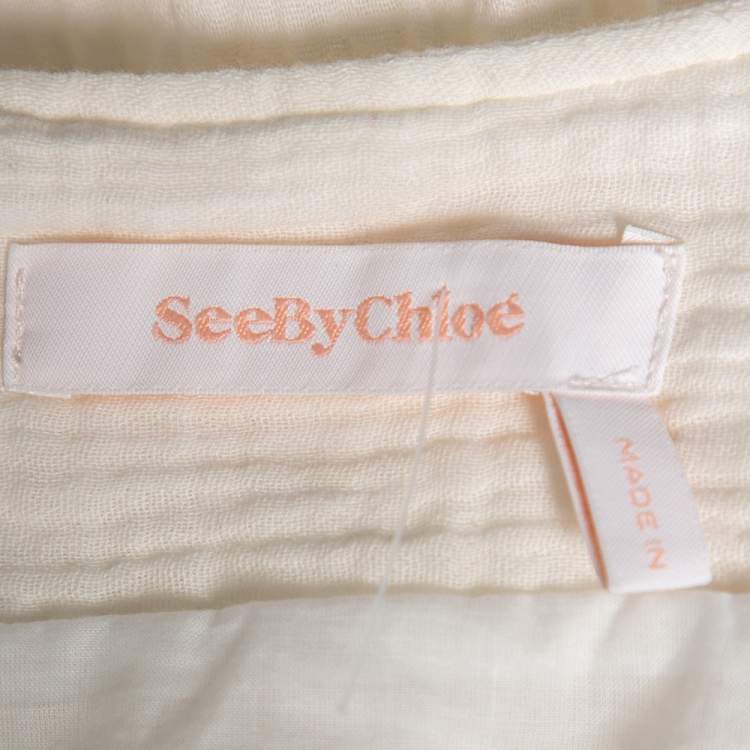 Pre Owned See by Chloe White Cotton Floral Embroidered Yoke Detailed Tiered Maxi Dress M