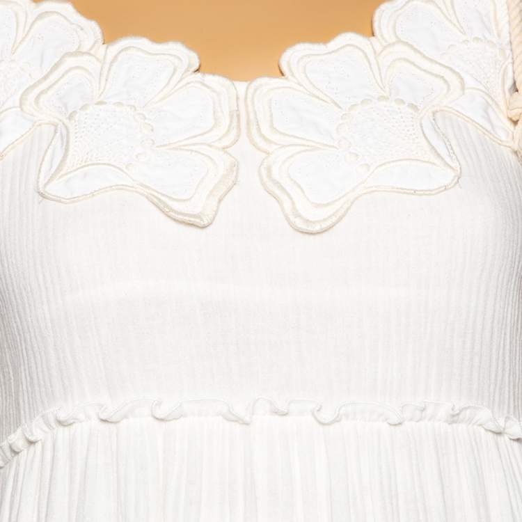 Pre Owned See by Chloe White Cotton Floral Embroidered Yoke Detailed Tiered Maxi Dress M