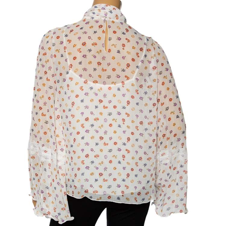 Pre Owned See by Chloe White Floral Printed Georgette Lace Trim Detailed Blouse M