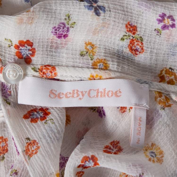 Pre Owned See by Chloe White Floral Printed Georgette Lace Trim Detailed Blouse M